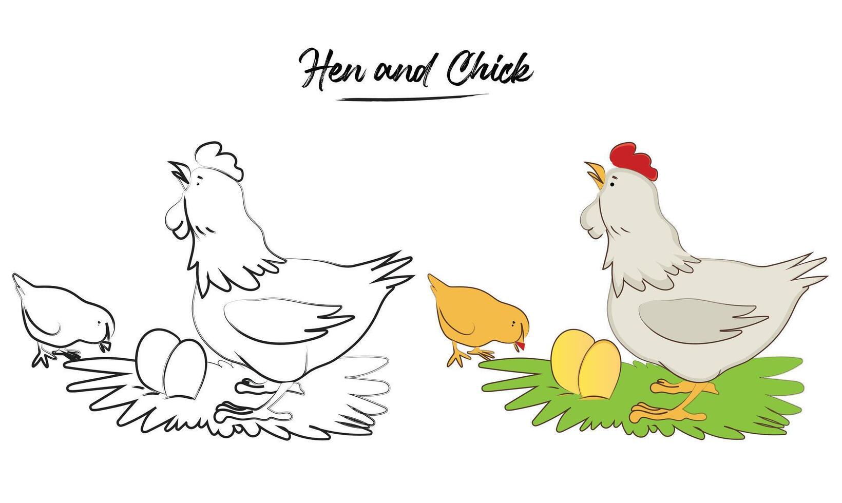 Mother hen with her baby chick and eggs. Coloring activity preschool worksheet. vector