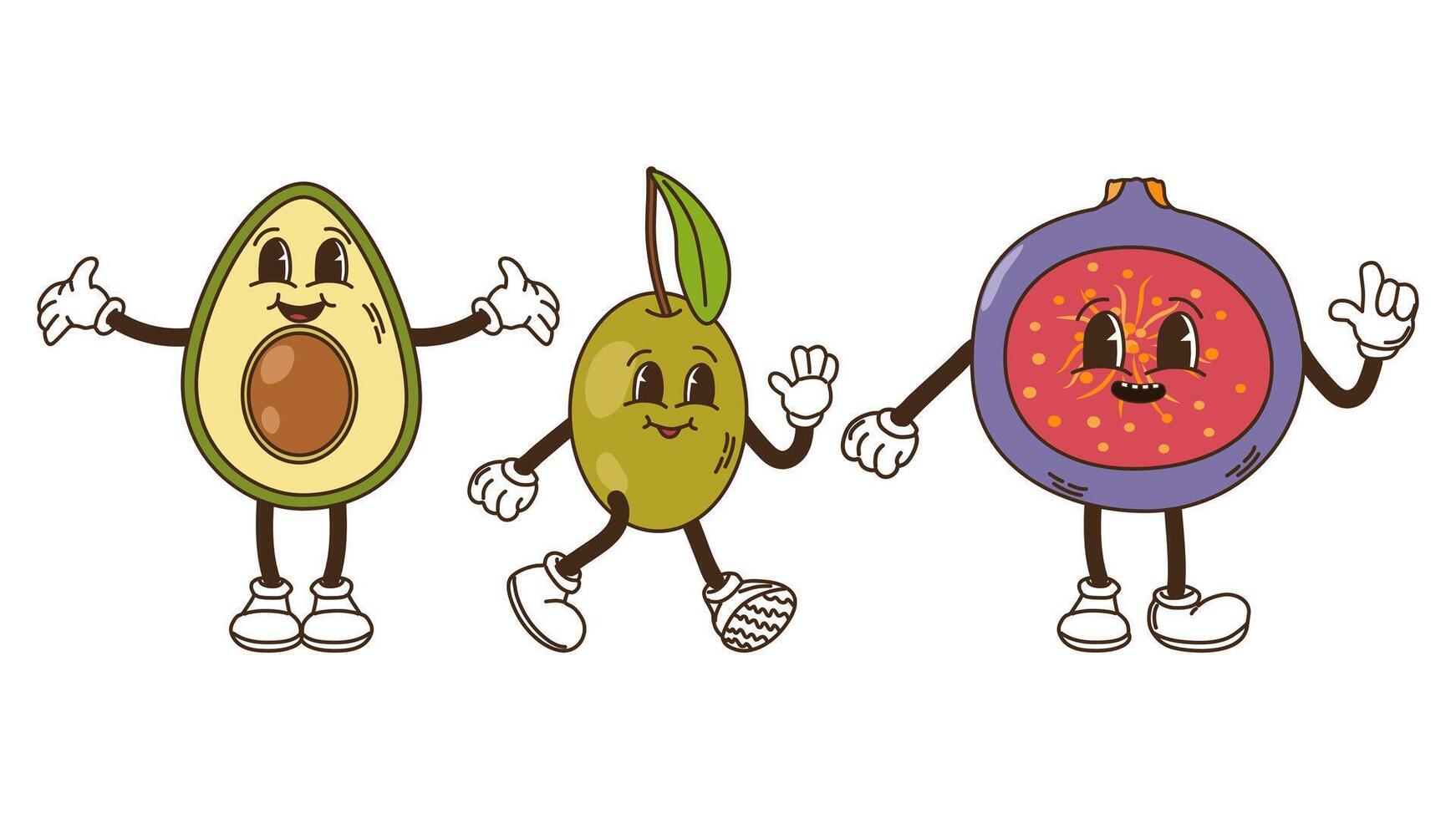 Fruits and berries in groovy style set. Kiwi olives and figs. Characters trendy retro, comic mascot. Design banner poster. Y2k Hippie 70s, 80s. illustration. vector