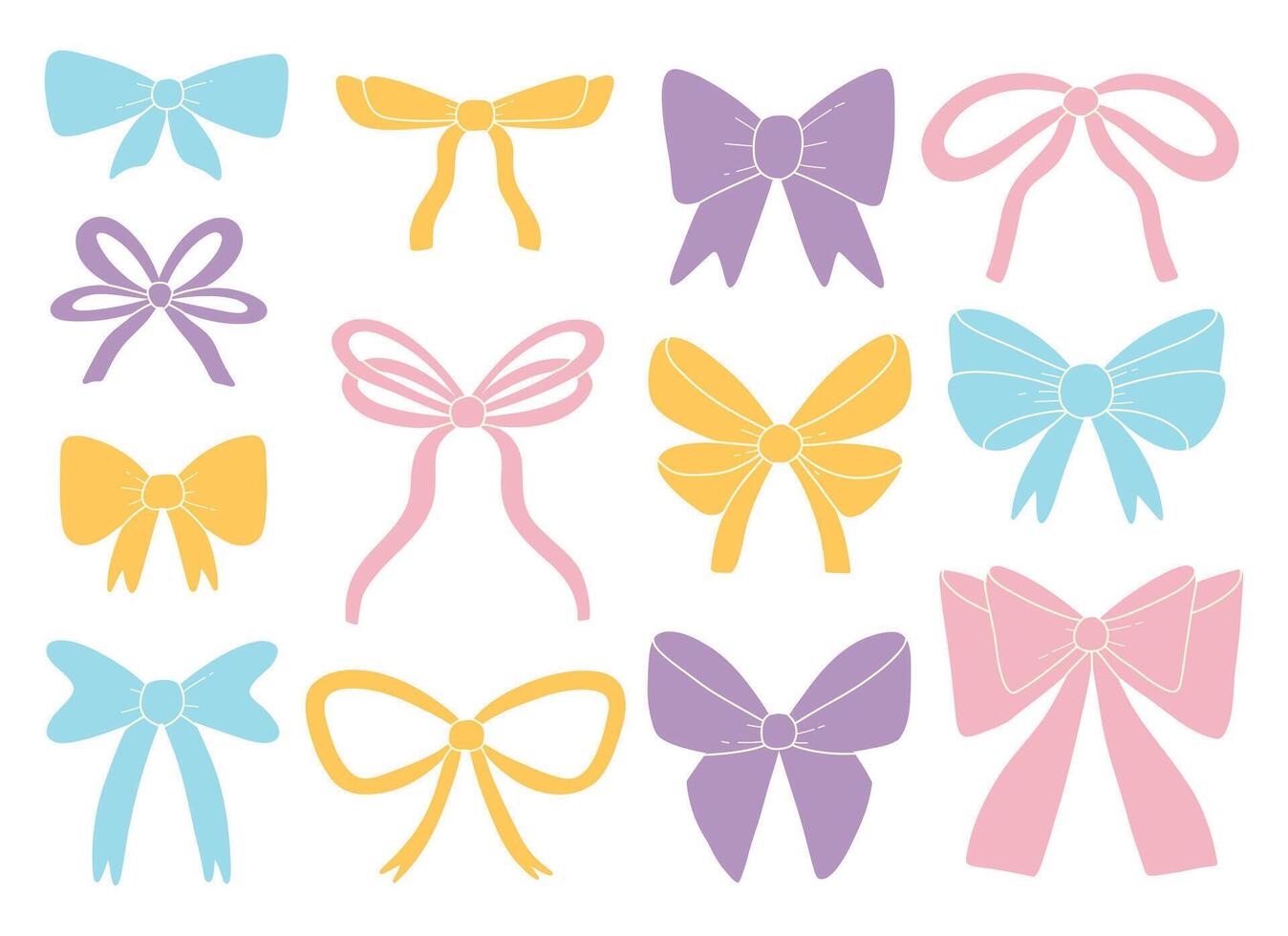 Set of various hand-drawn bows, gift ribbons. Fashionable hair braiding accessory. Hand drawn illustration. vector