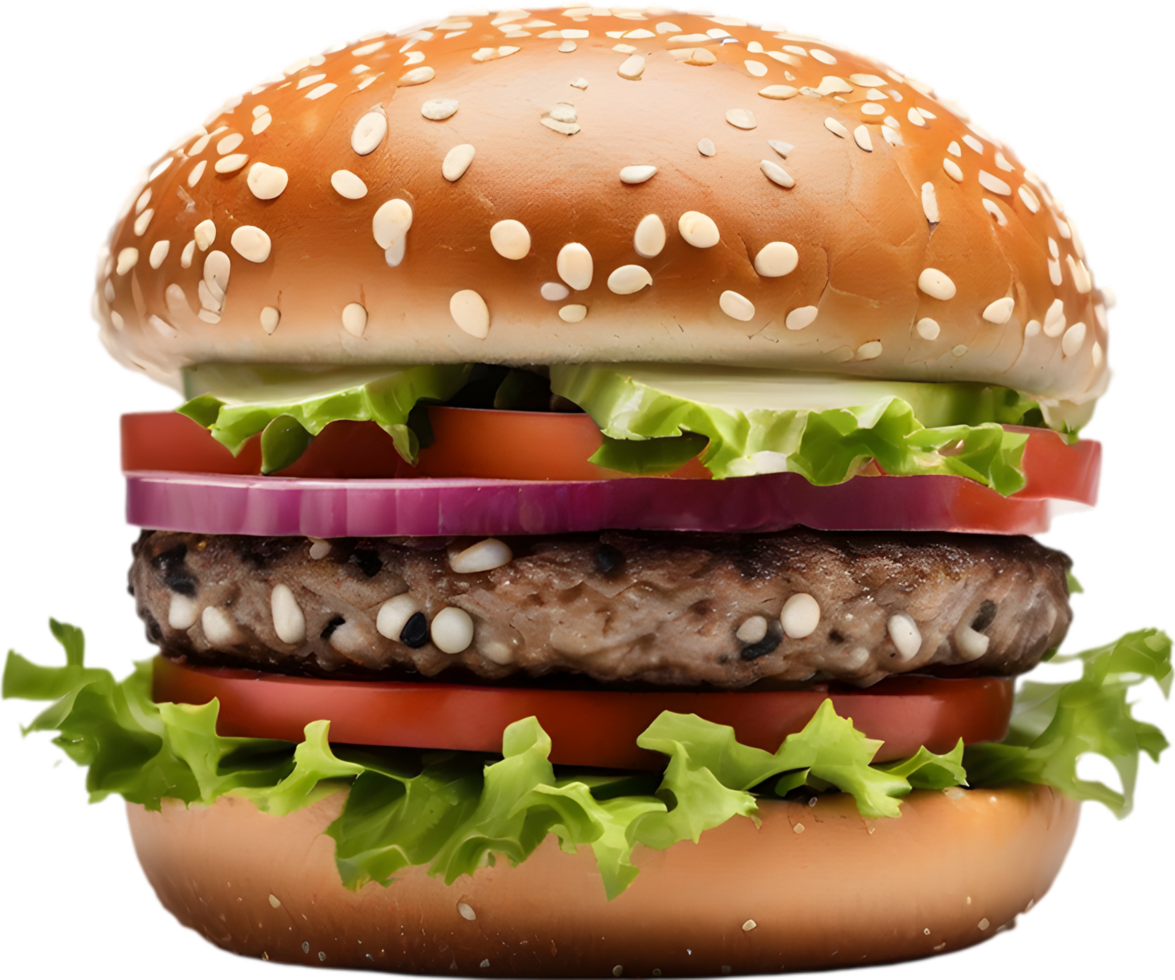 Homemade burger delight, juicy patty with garden-fresh vegetables isolated. AI-Generated. png