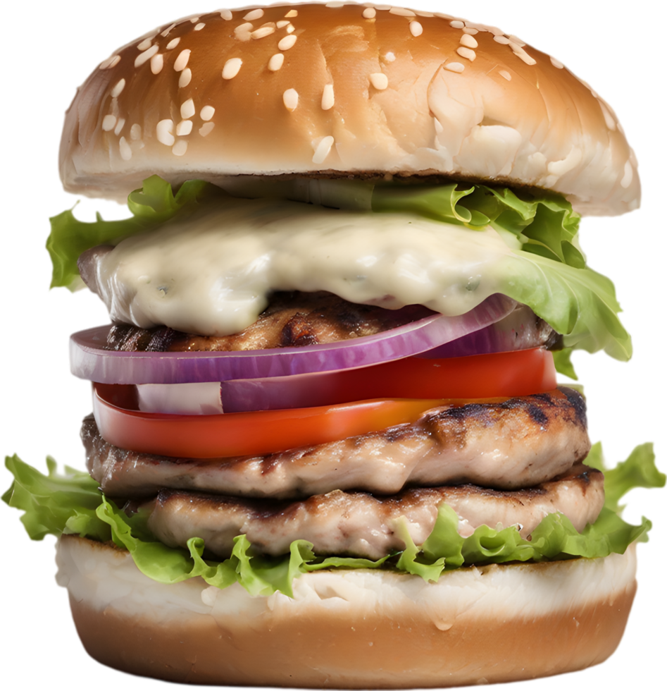 Homemade burger delight, juicy patty with garden-fresh vegetables isolated. AI-Generated. png