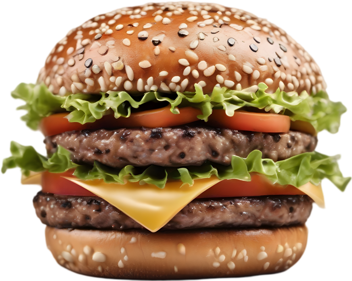 Homemade burger delight, juicy patty with garden-fresh vegetables isolated. AI-Generated. png