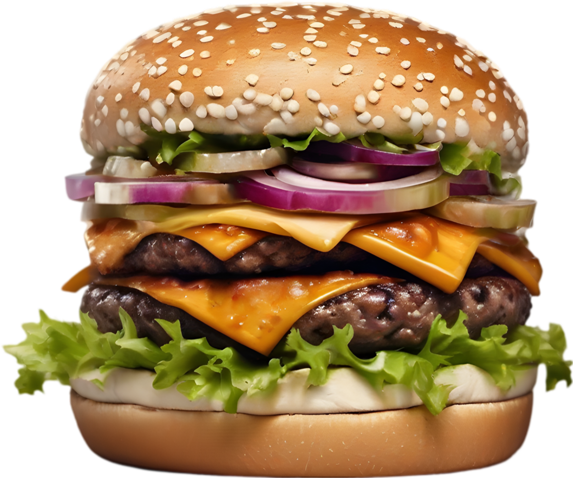 Homemade burger delight, juicy patty with garden-fresh vegetables isolated. AI-Generated. png