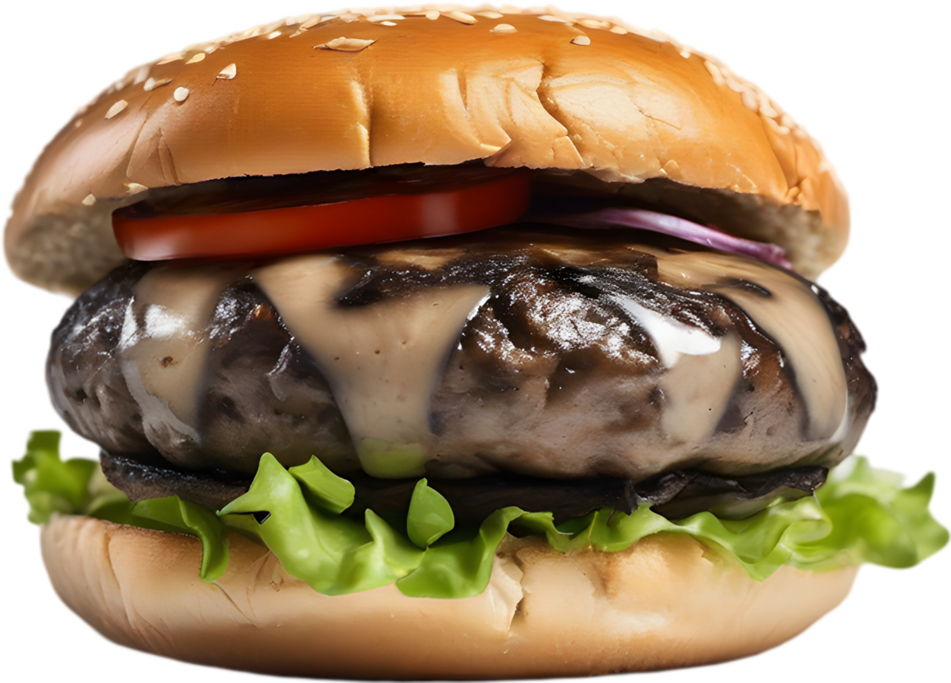 Homemade burger delight, juicy patty with garden-fresh vegetables isolated. AI-Generated. png