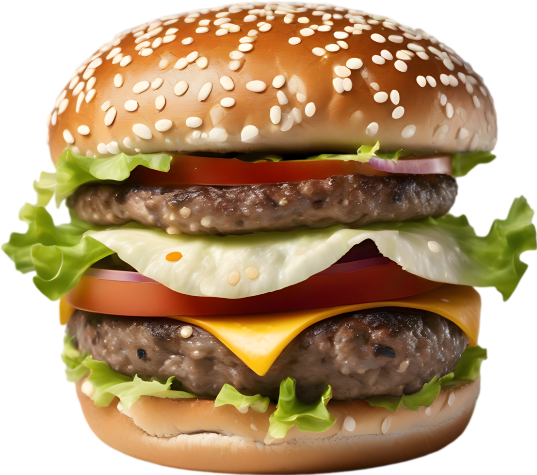 Homemade burger delight, juicy patty with garden-fresh vegetables isolated. AI-Generated. png