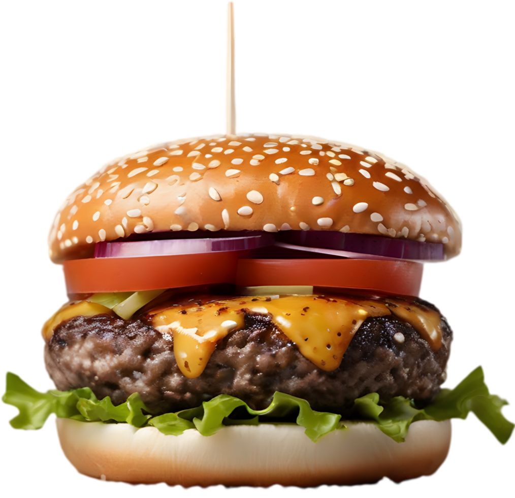 Homemade burger delight, juicy patty with garden-fresh vegetables isolated. AI-Generated. png