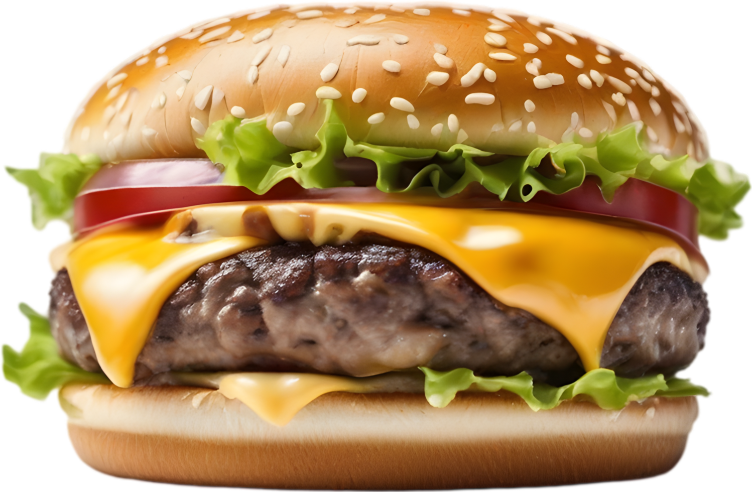 Homemade burger delight, juicy patty with garden-fresh vegetables isolated. AI-Generated. png