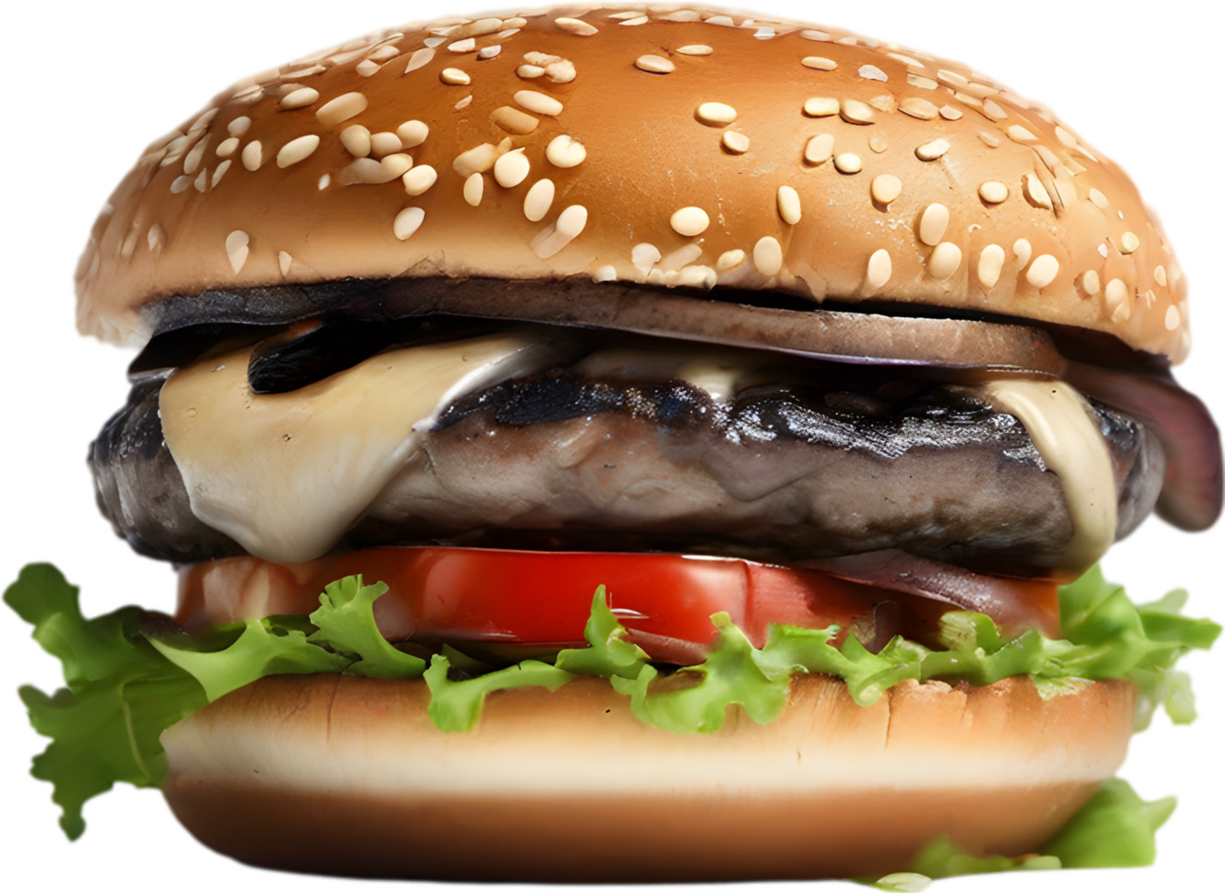 Homemade burger delight, juicy patty with garden-fresh vegetables isolated. AI-Generated. png