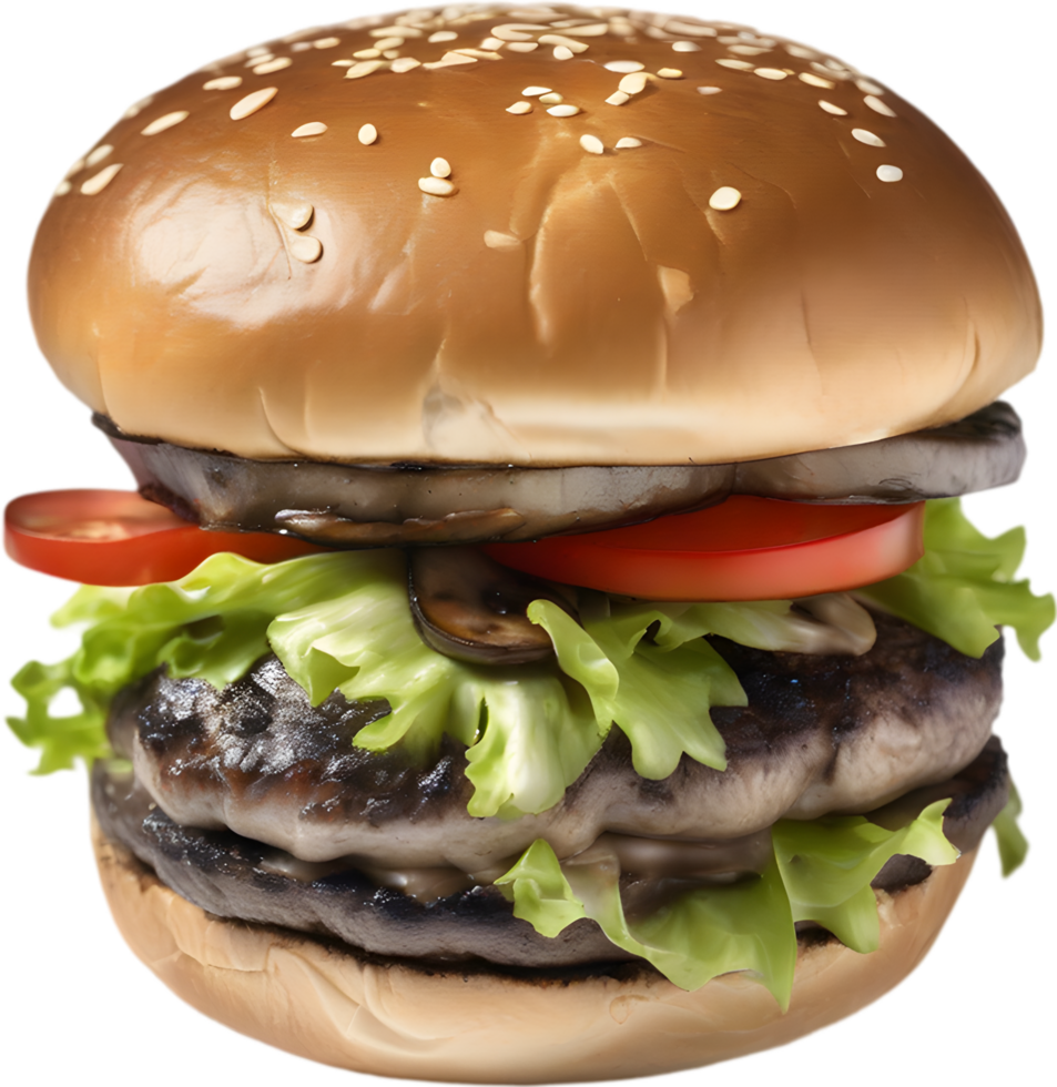 Homemade burger delight, juicy patty with garden-fresh vegetables isolated. AI-Generated. png