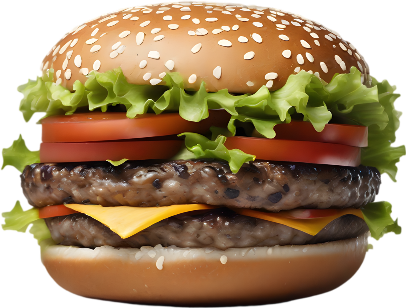 Homemade burger delight, juicy patty with garden-fresh vegetables isolated. AI-Generated. png