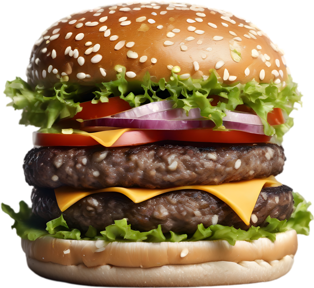 Homemade burger delight, juicy patty with garden-fresh vegetables isolated. AI-Generated. png