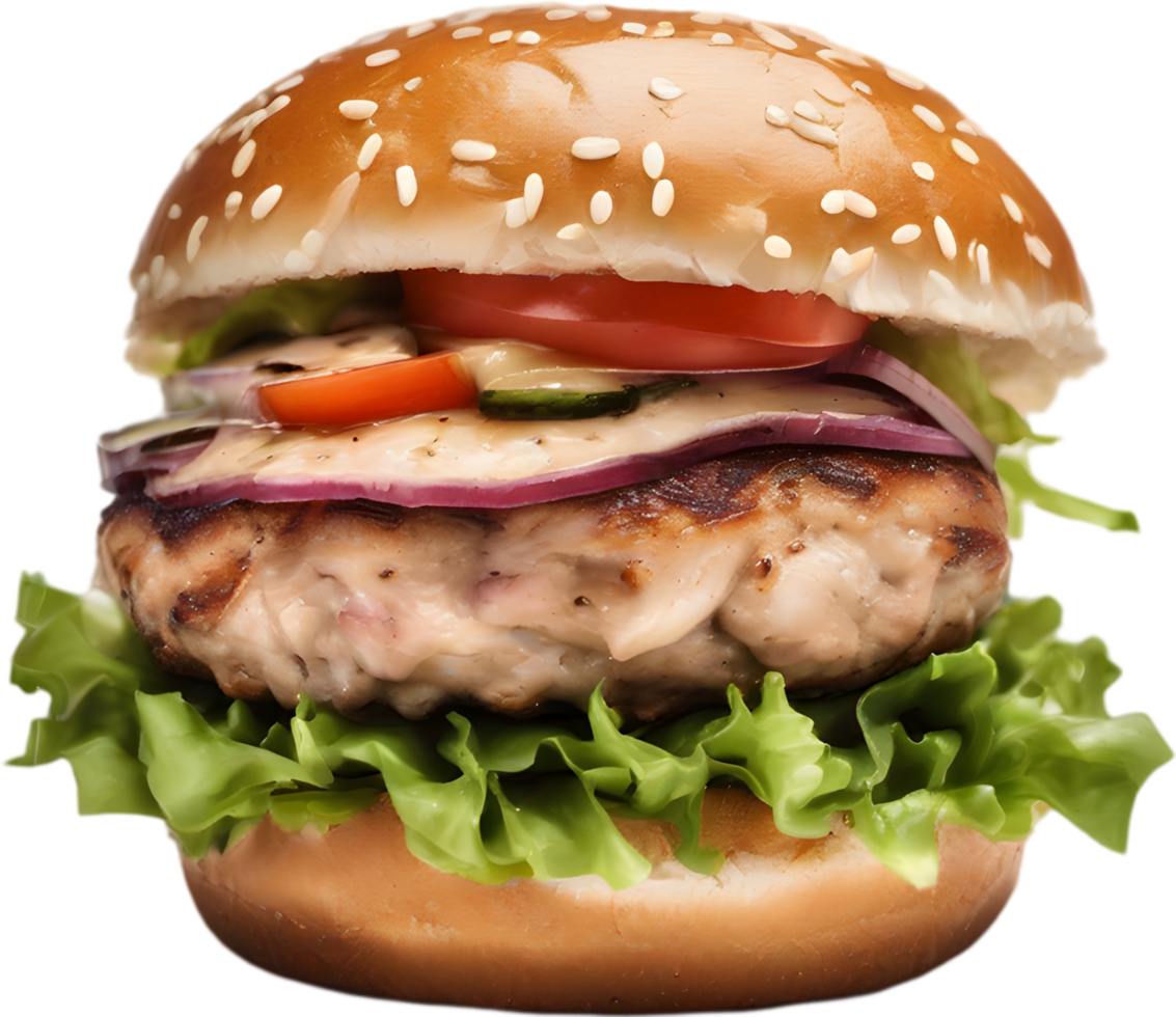 Homemade burger delight, juicy patty with garden-fresh vegetables isolated. AI-Generated. png