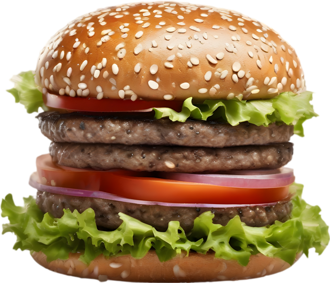 Homemade burger delight, juicy patty with garden-fresh vegetables isolated. AI-Generated. png