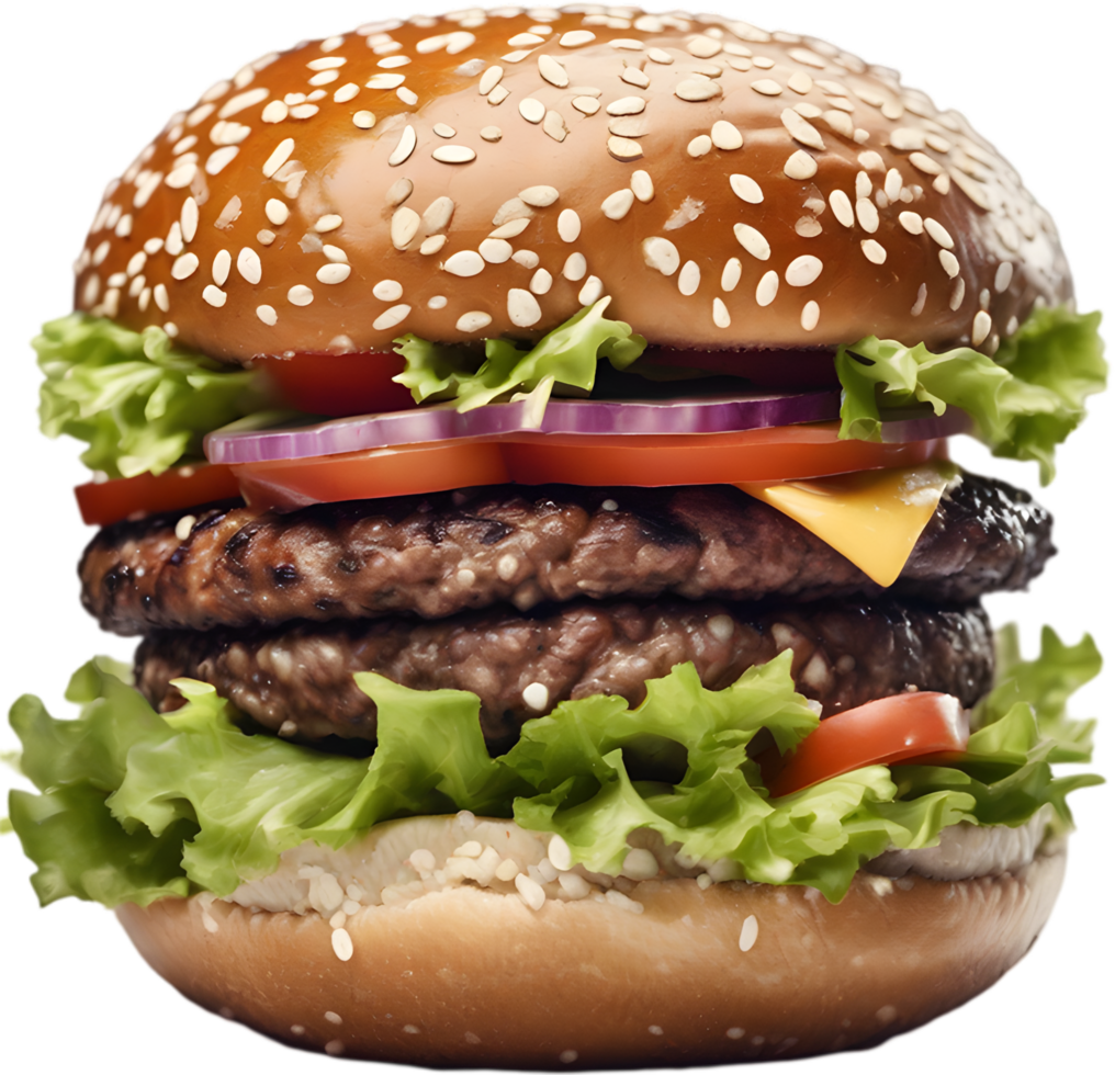 Homemade burger delight, juicy patty with garden-fresh vegetables isolated. AI-Generated. png