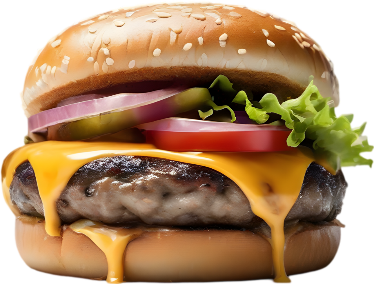 Homemade burger delight, juicy patty with garden-fresh vegetables isolated. AI-Generated. png