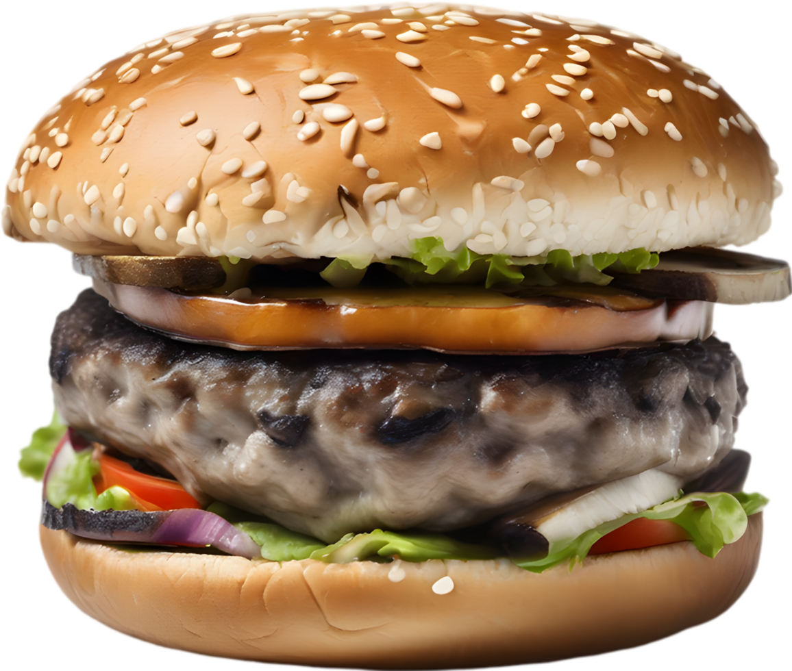 Homemade burger delight, juicy patty with garden-fresh vegetables isolated. AI-Generated. png