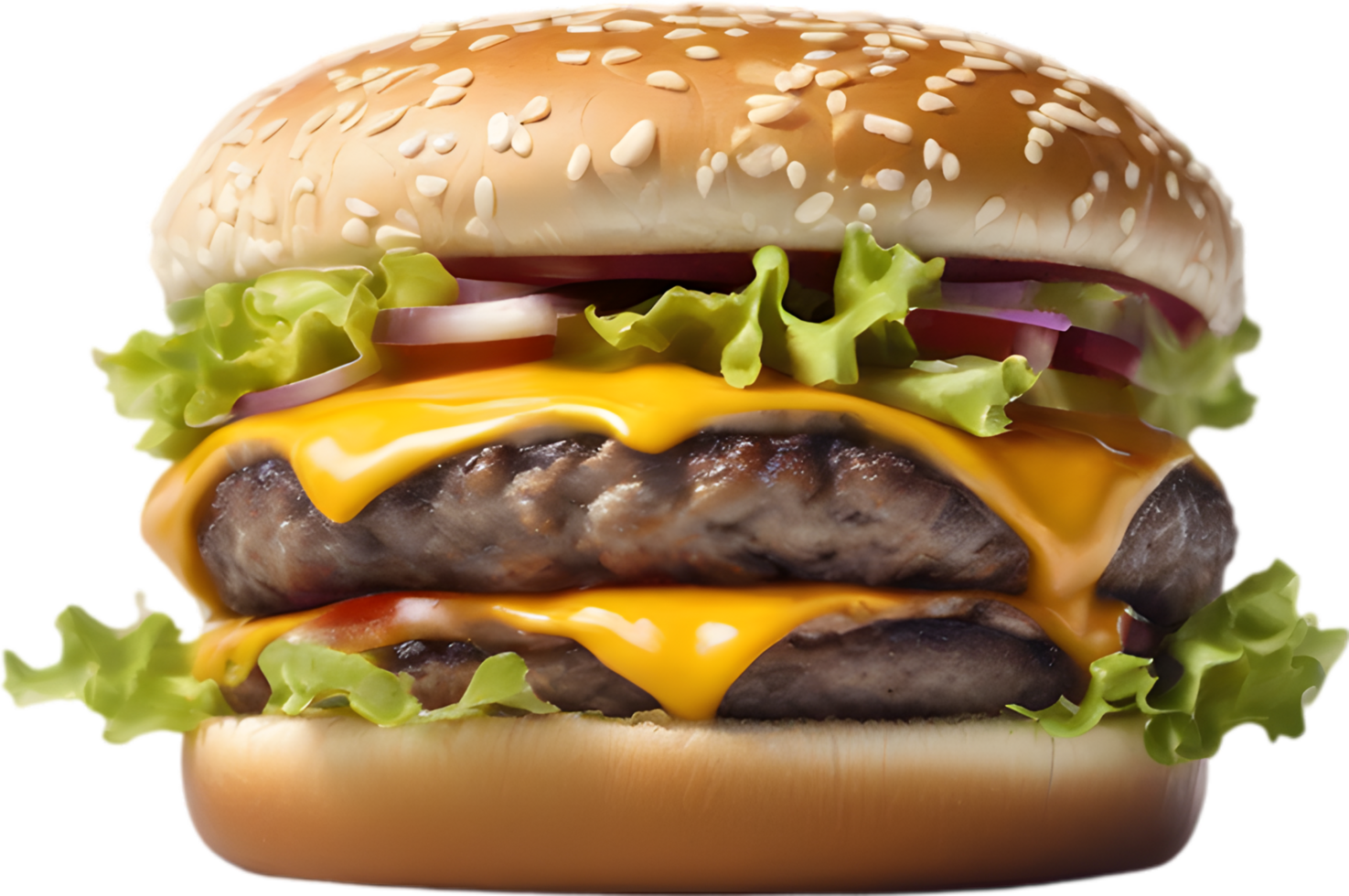 Homemade burger delight, juicy patty with garden-fresh vegetables isolated. AI-Generated. png