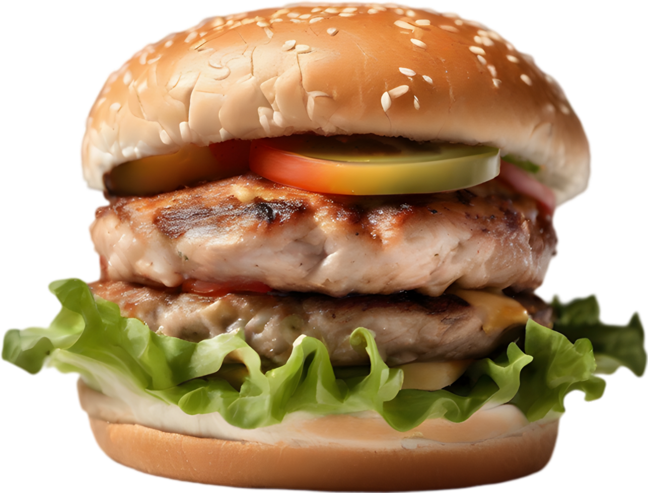 Homemade burger delight, juicy patty with garden-fresh vegetables isolated. AI-Generated. png