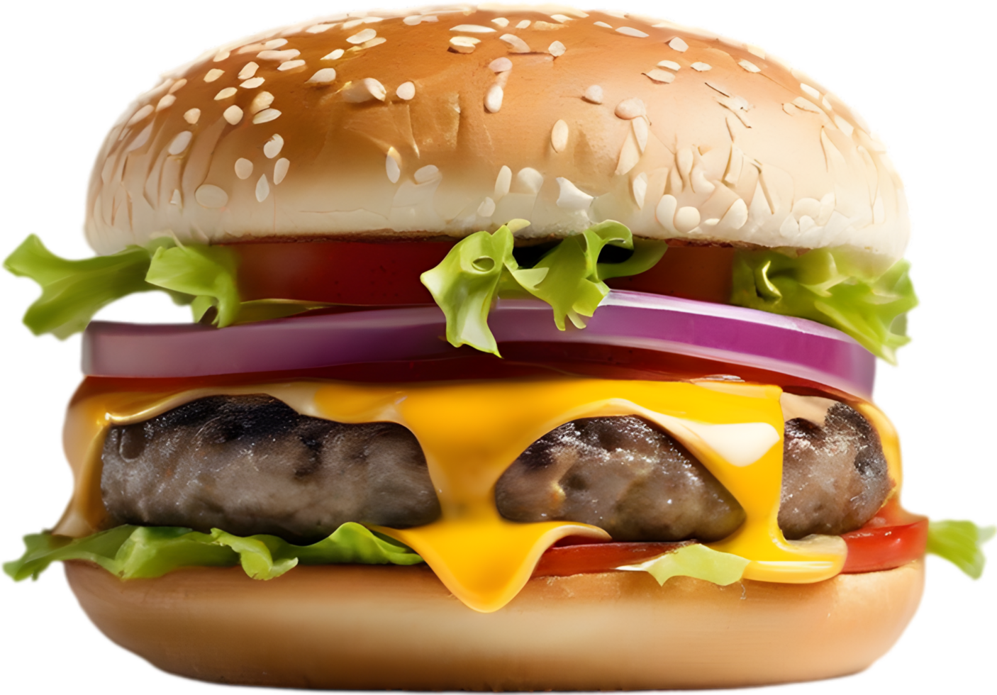 Homemade burger delight, juicy patty with garden-fresh vegetables isolated. AI-Generated. png