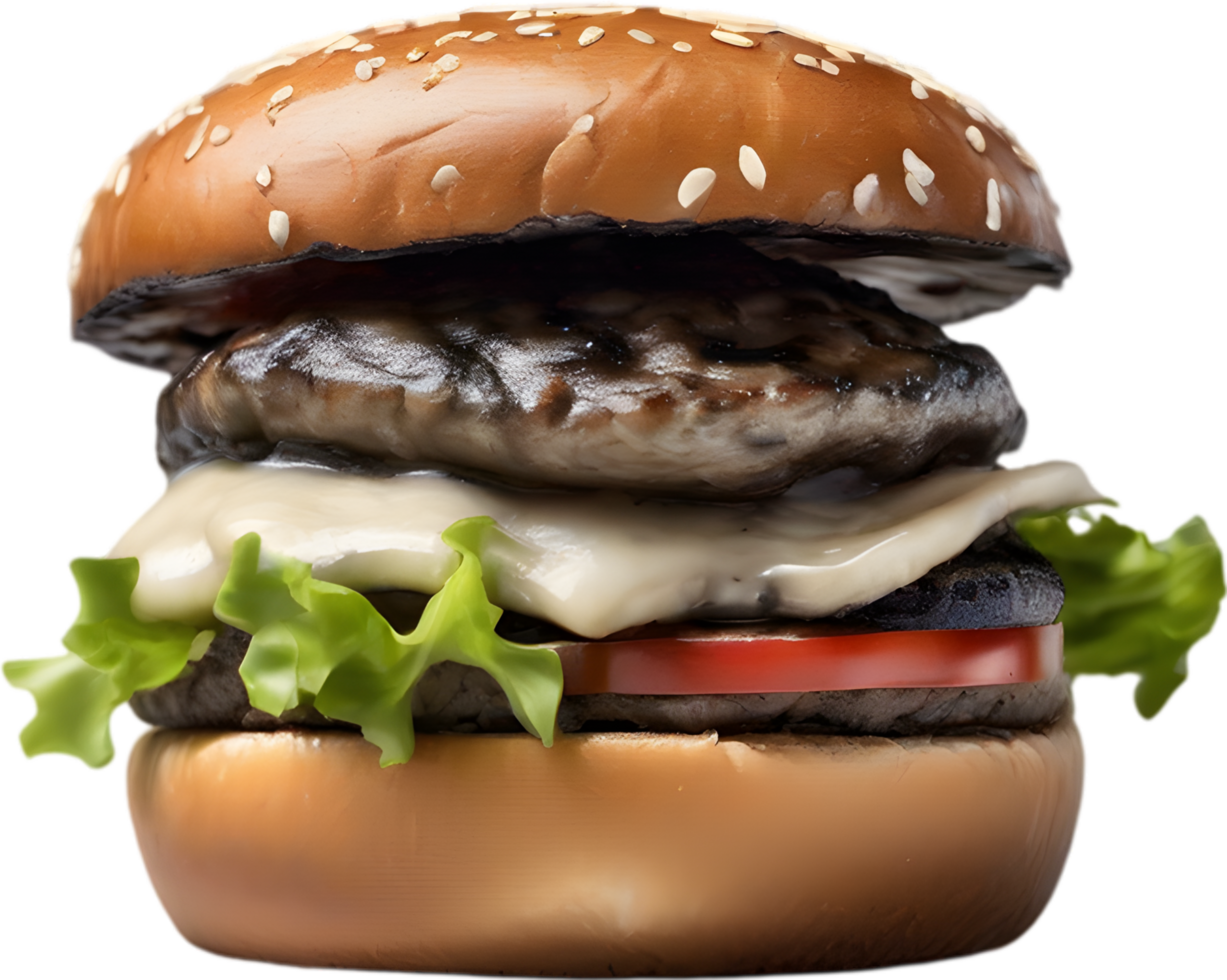 Homemade burger delight, juicy patty with garden-fresh vegetables isolated. AI-Generated. png