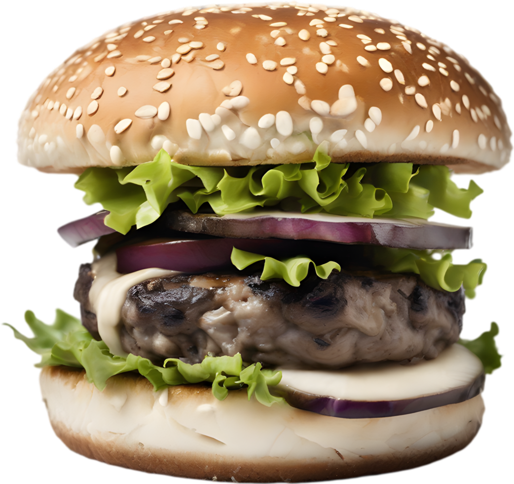 Homemade burger delight, juicy patty with garden-fresh vegetables isolated. AI-Generated. png