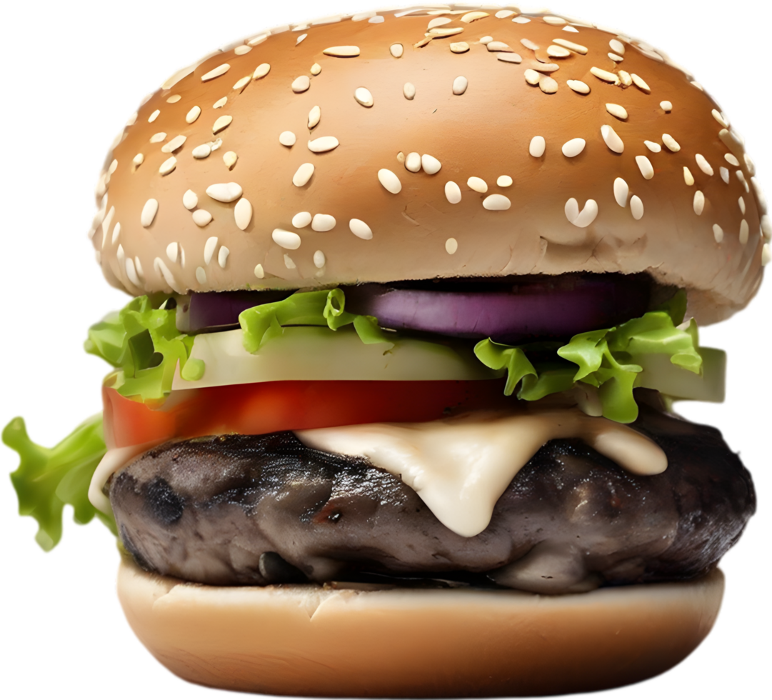 Homemade burger delight, juicy patty with garden-fresh vegetables isolated. AI-Generated. png
