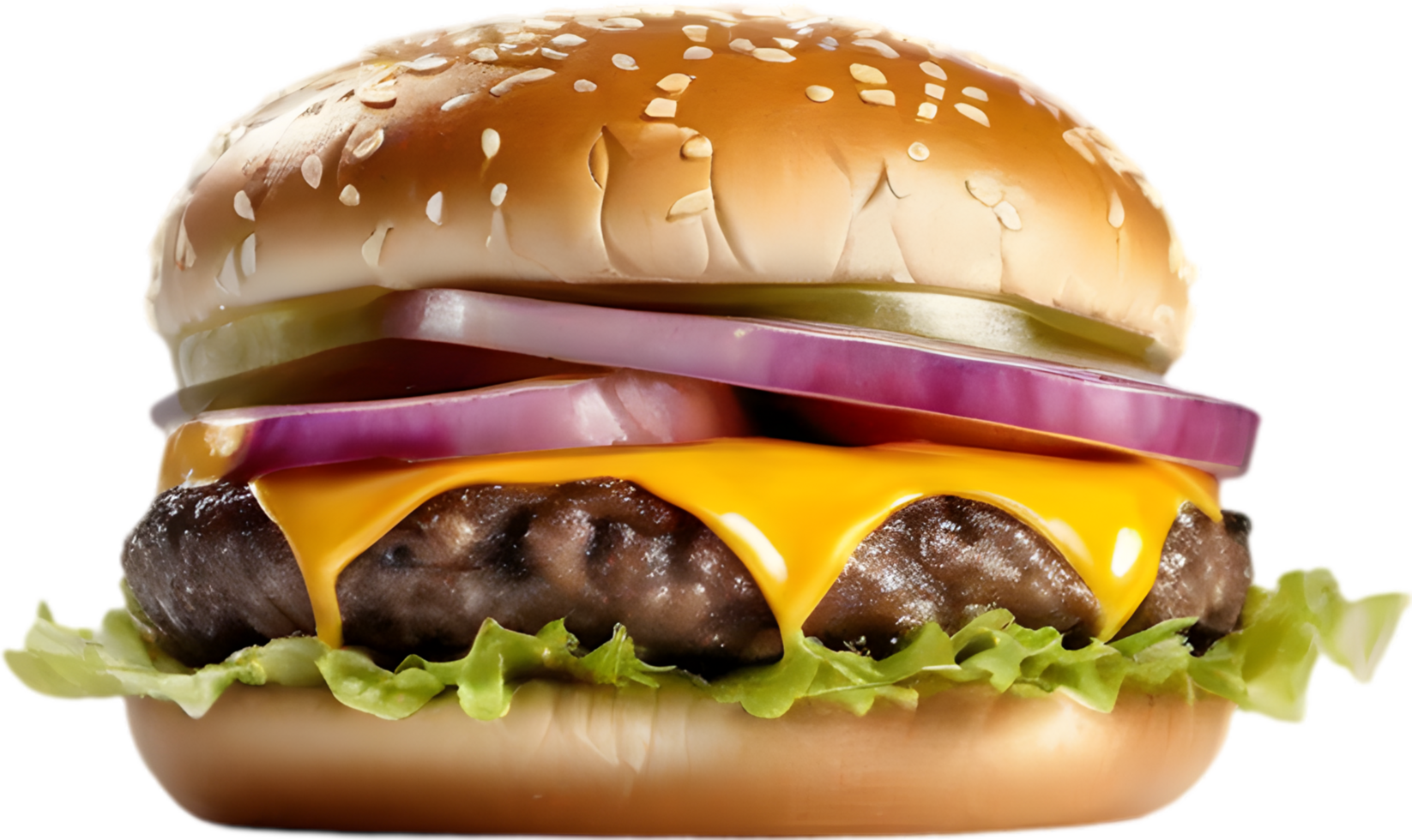 Homemade burger delight, juicy patty with garden-fresh vegetables isolated. AI-Generated. png
