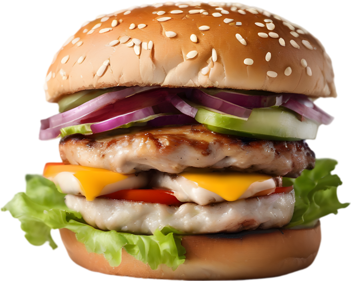 Homemade burger delight, juicy patty with garden-fresh vegetables isolated. AI-Generated. png