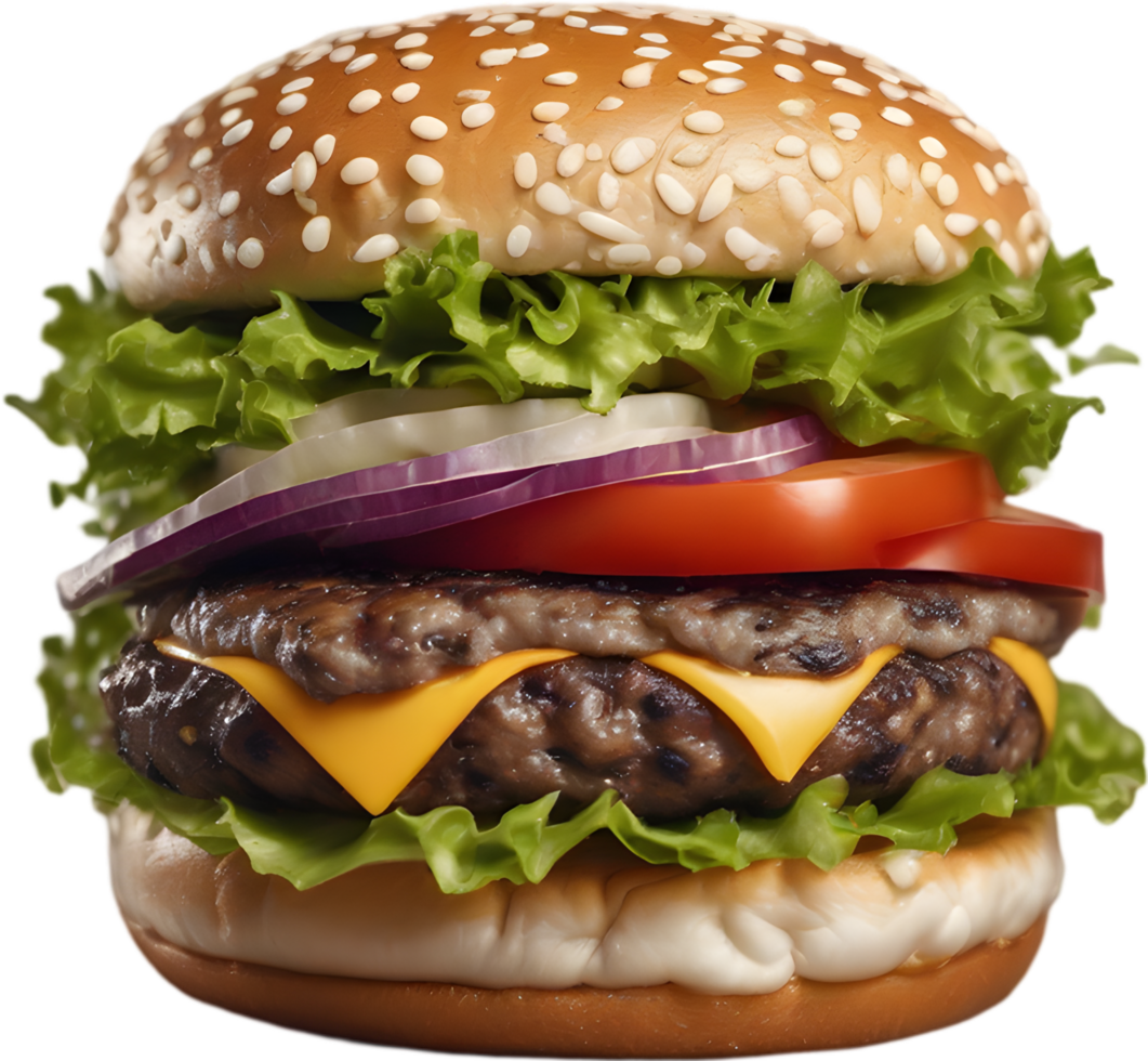 Homemade burger delight, juicy patty with garden-fresh vegetables isolated. AI-Generated. png