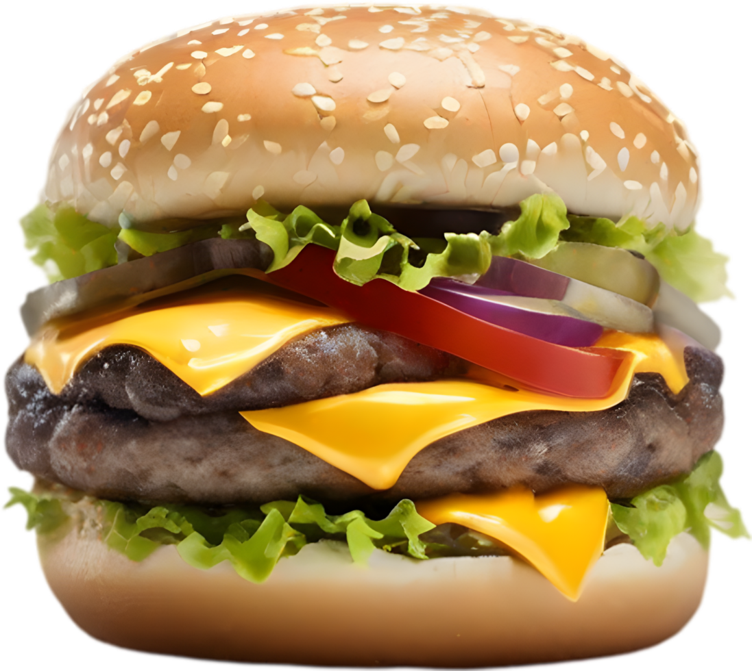 Homemade burger delight, juicy patty with garden-fresh vegetables isolated. AI-Generated. png