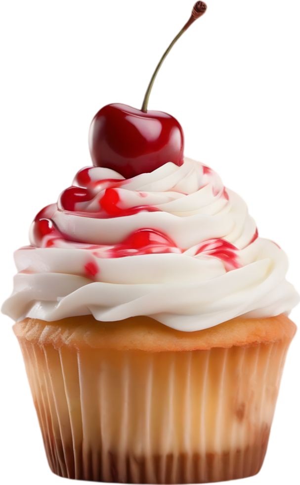 Cherry-topped cupcake with frosting, ideal for dessert inspiration. AI-Generated. png