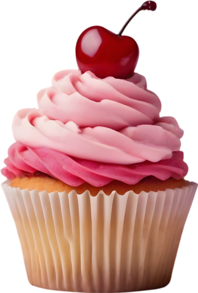 Cherry-topped cupcake with frosting, ideal for dessert inspiration. AI-Generated. png