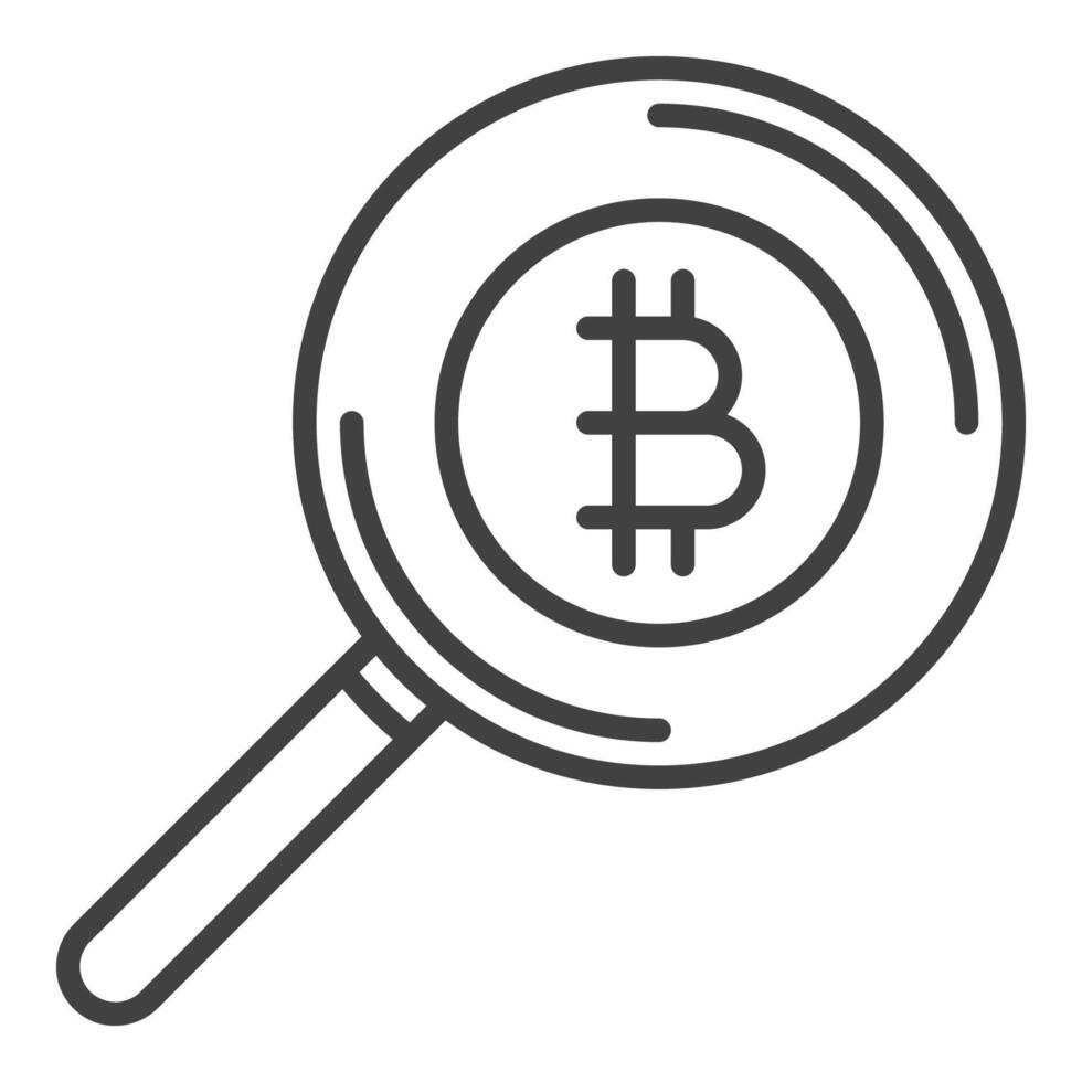 Magnifier with Bitcoin Cryptocurrency icon or symbol in outline style vector