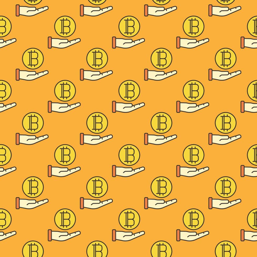 Bitcoin on Human Hand Cryptocurrency colored seamless pattern vector