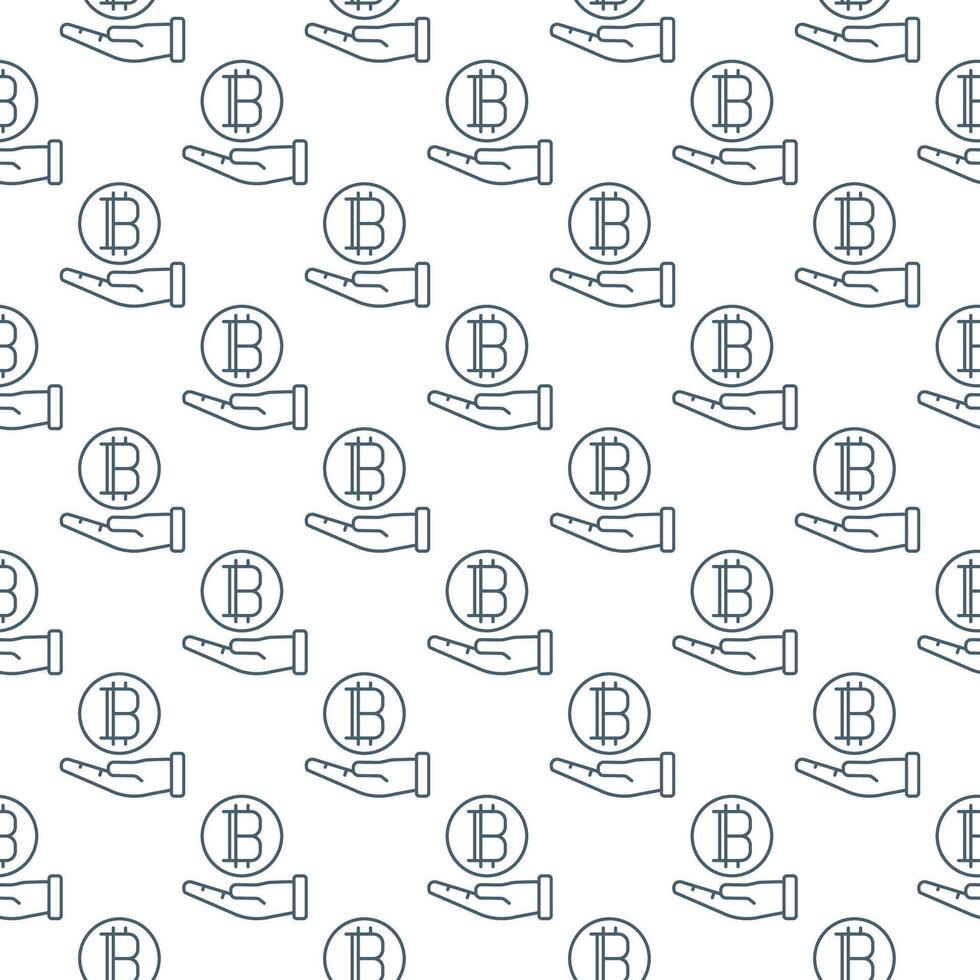 Hand holding Bitcoin Cryptocurrency seamless pattern in outline style vector