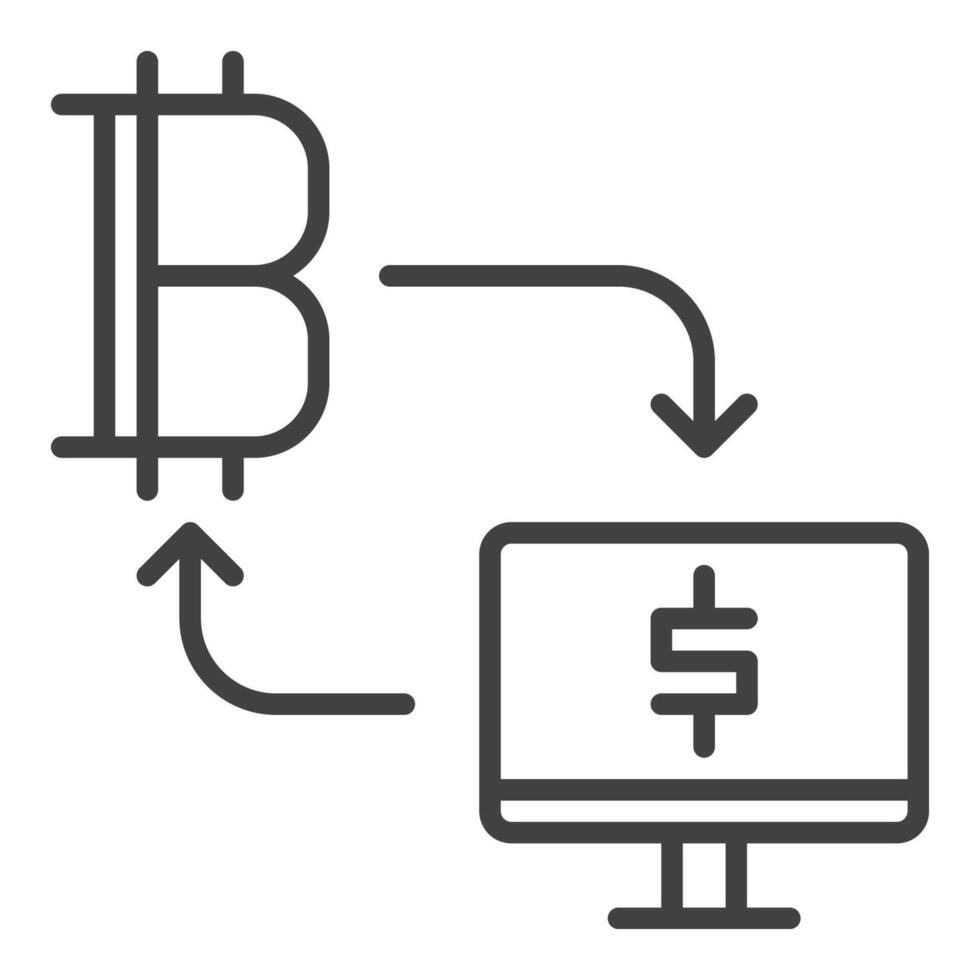 Computer and Bitcoin connected with Arrows Cryptocurrency icon or symbol in outline style vector