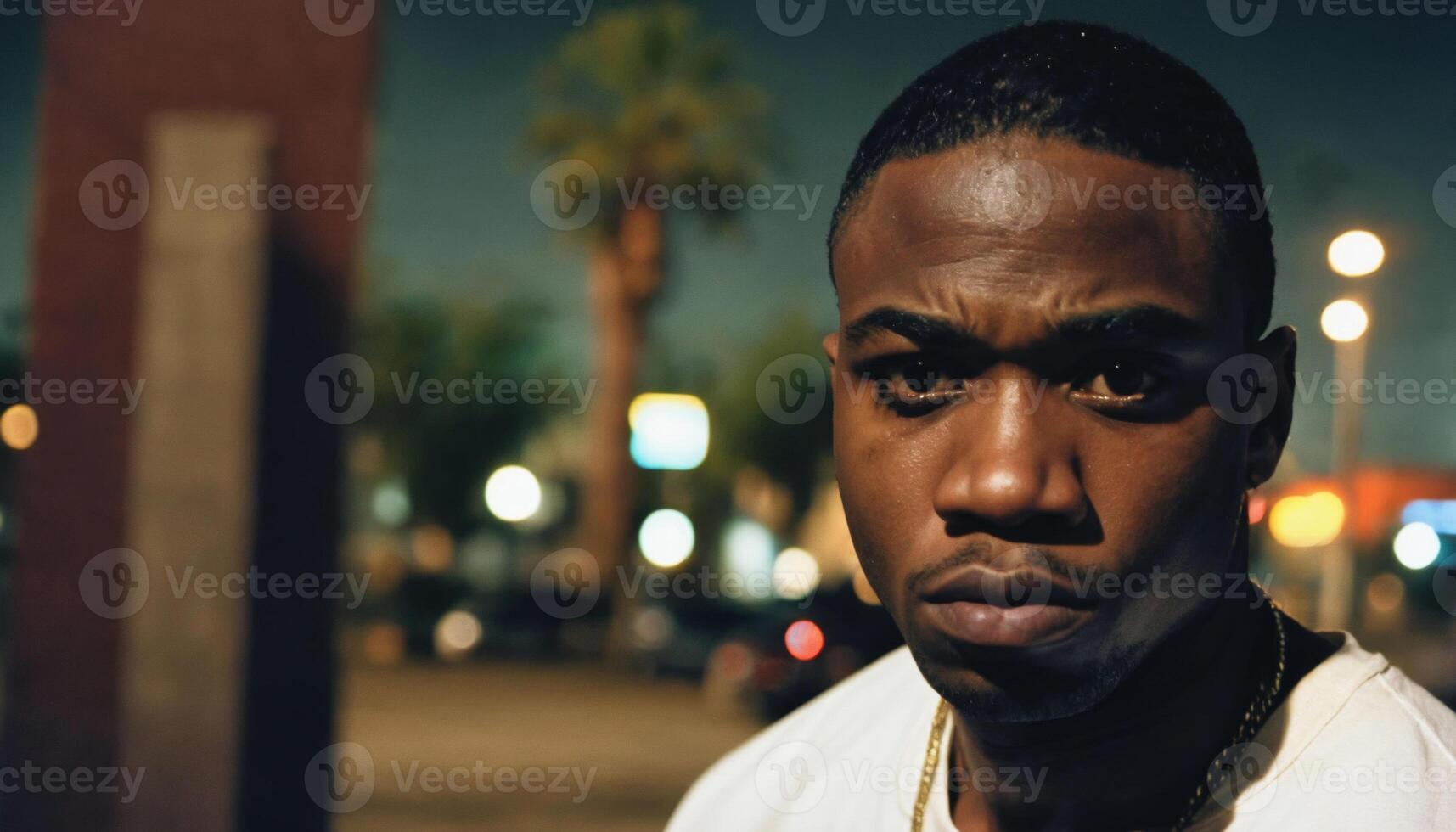 photo of angry black person man in neighborhood at night ,