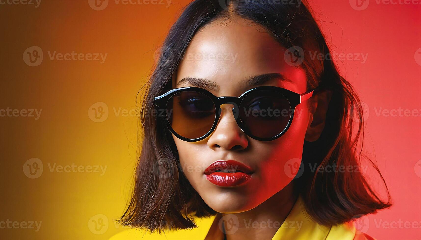 photo of beautiful african woman with style sunglasses standing against red and yellow background,