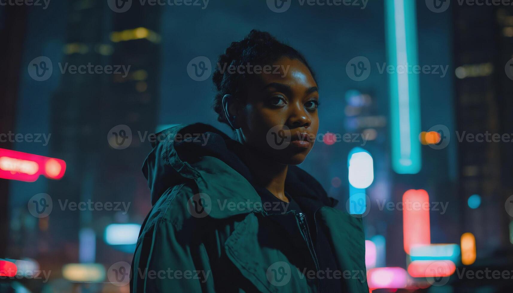 photo of beautiful adult african woman with hood coat standing posing for picture at night future city,