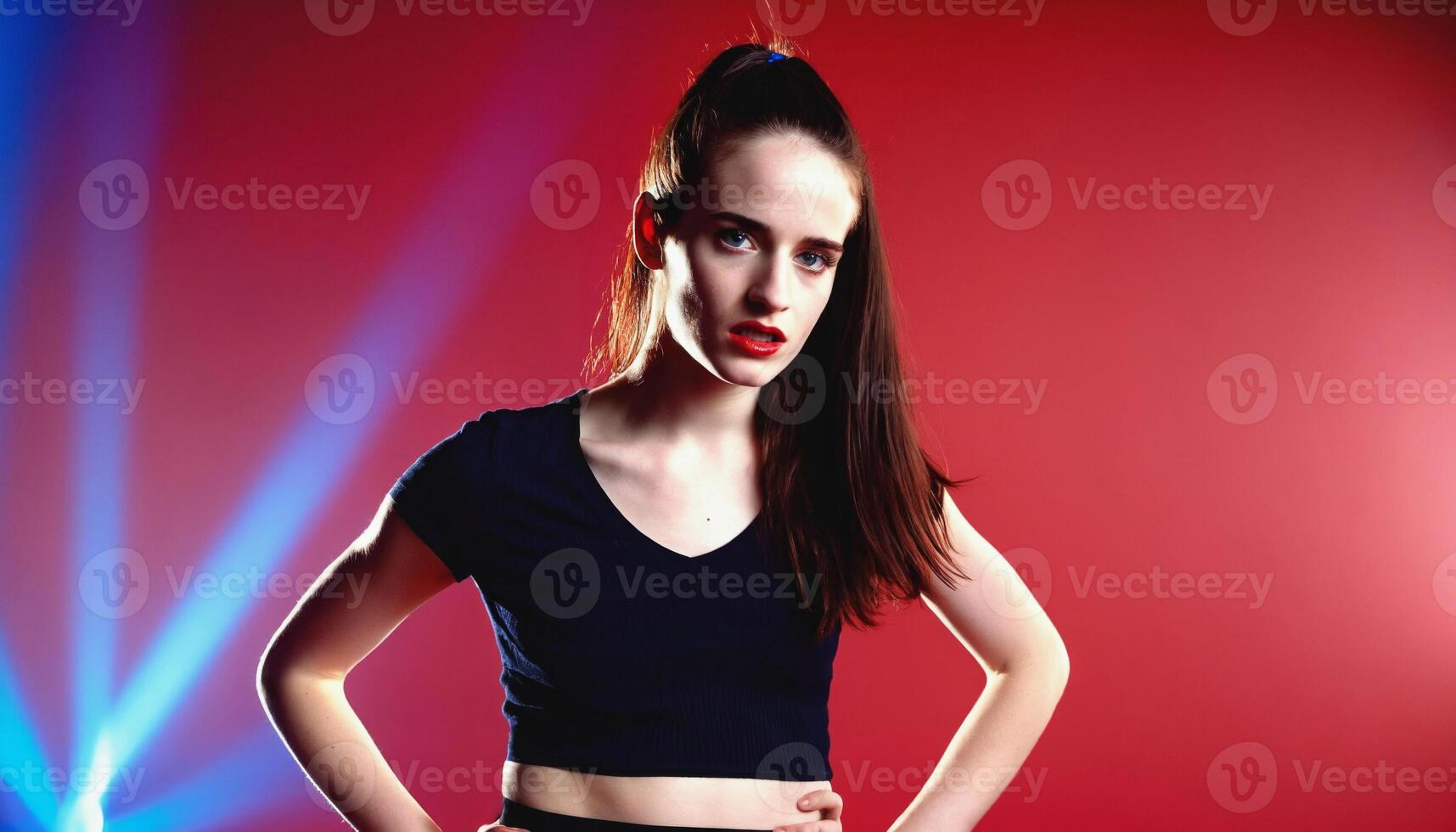photo of beautiful european woman standing pose with colorful red and blue abstract light ,