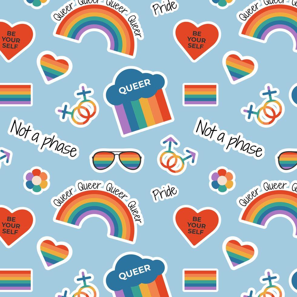 Seamless pattern with rainbow flag elements, gender signs, LGBTQ symbols, slogan and phrases vector