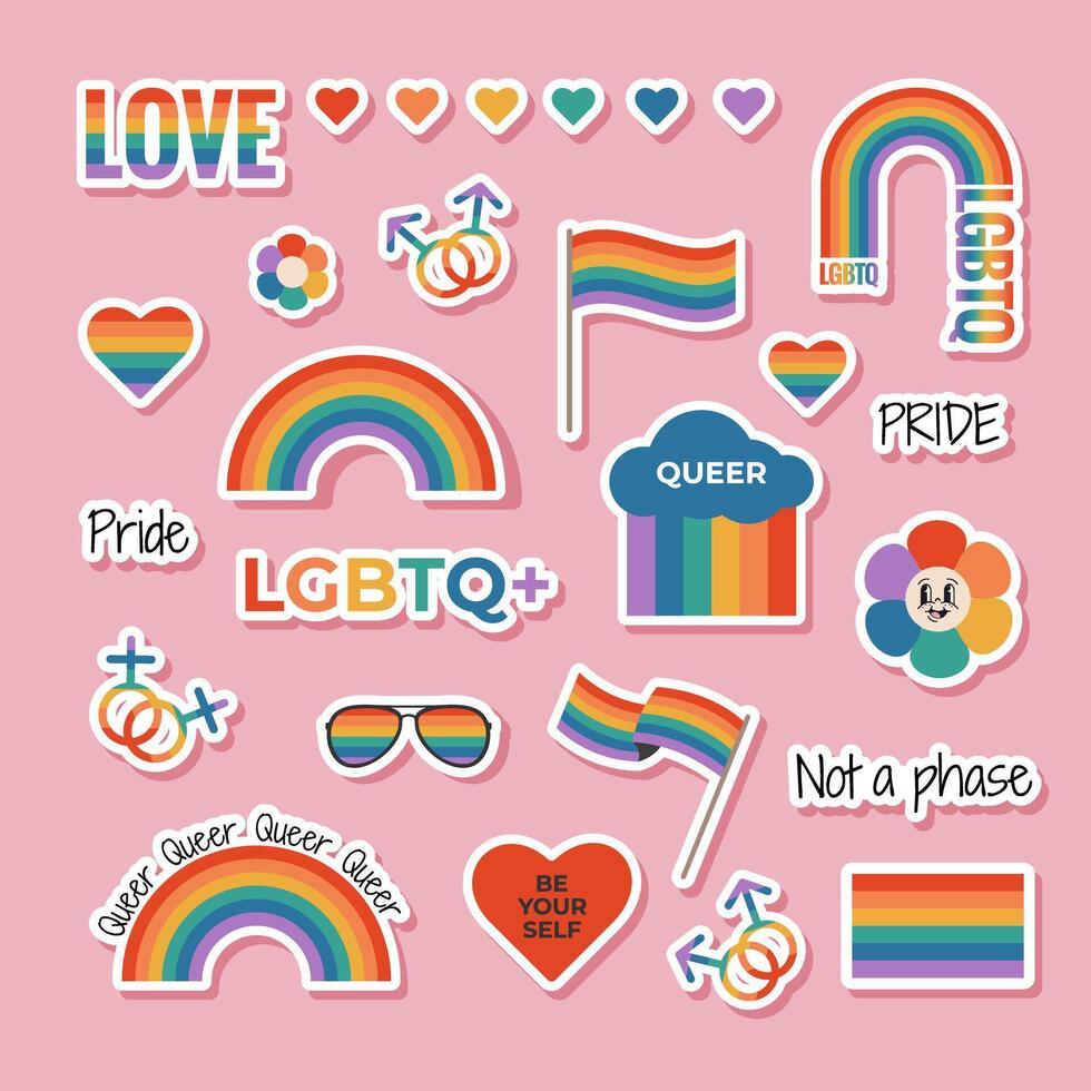 Set of LGBTQ sticker with rainbow flag elements, gender signs, pride month symbols, slogan and phrases. Gay parade celebration. vector
