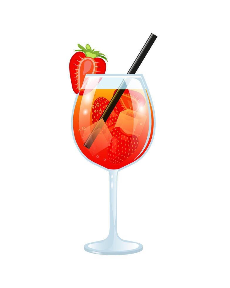 Strawberry cocktail. A glass with a drink, straw and berries. Summer drink. Lemonade with berry juice. illustration isolated on white background vector