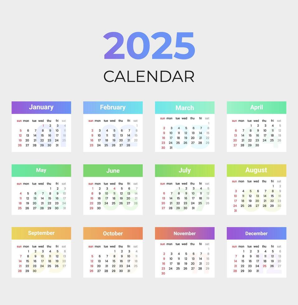Simple calendar 2025 with week start Sunday. Design template corporate of a wall or desk calendar vector