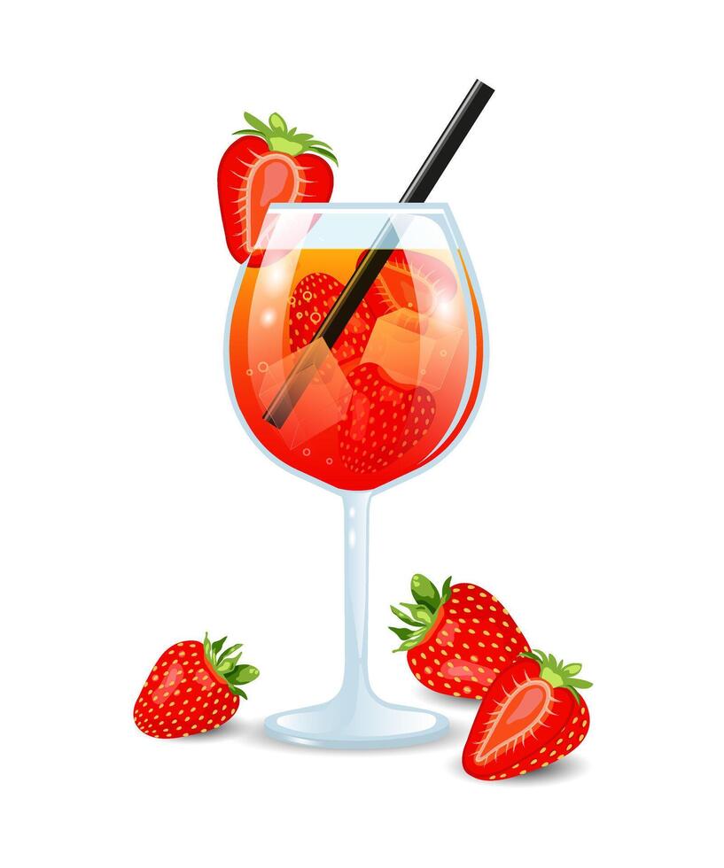 Strawberry cocktail. A glass with a drink, straw and berries. Summer drink. Lemonade with berry juice. vector