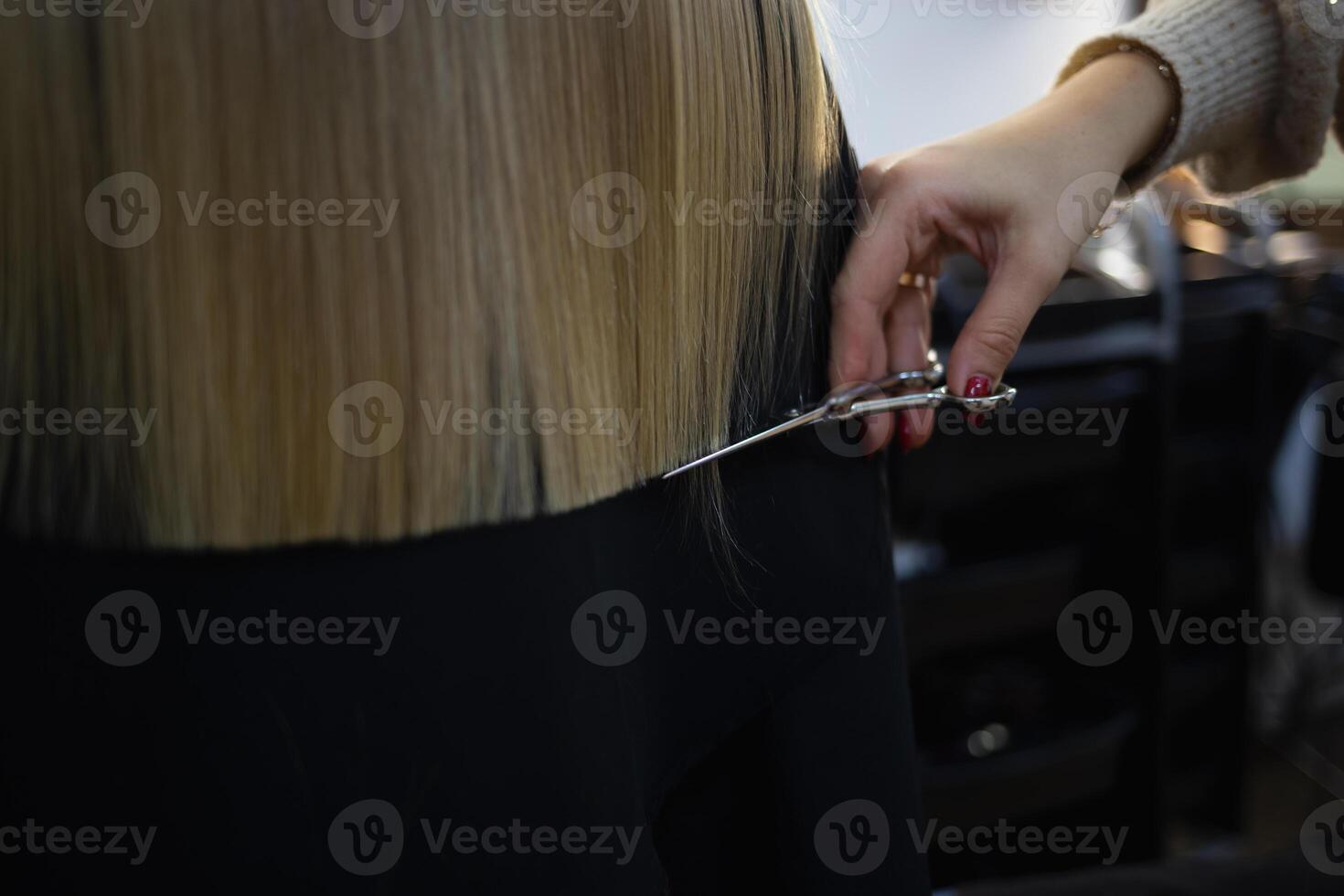 the hairdresser in the barbershop cuts the hair of a little cute girl photo