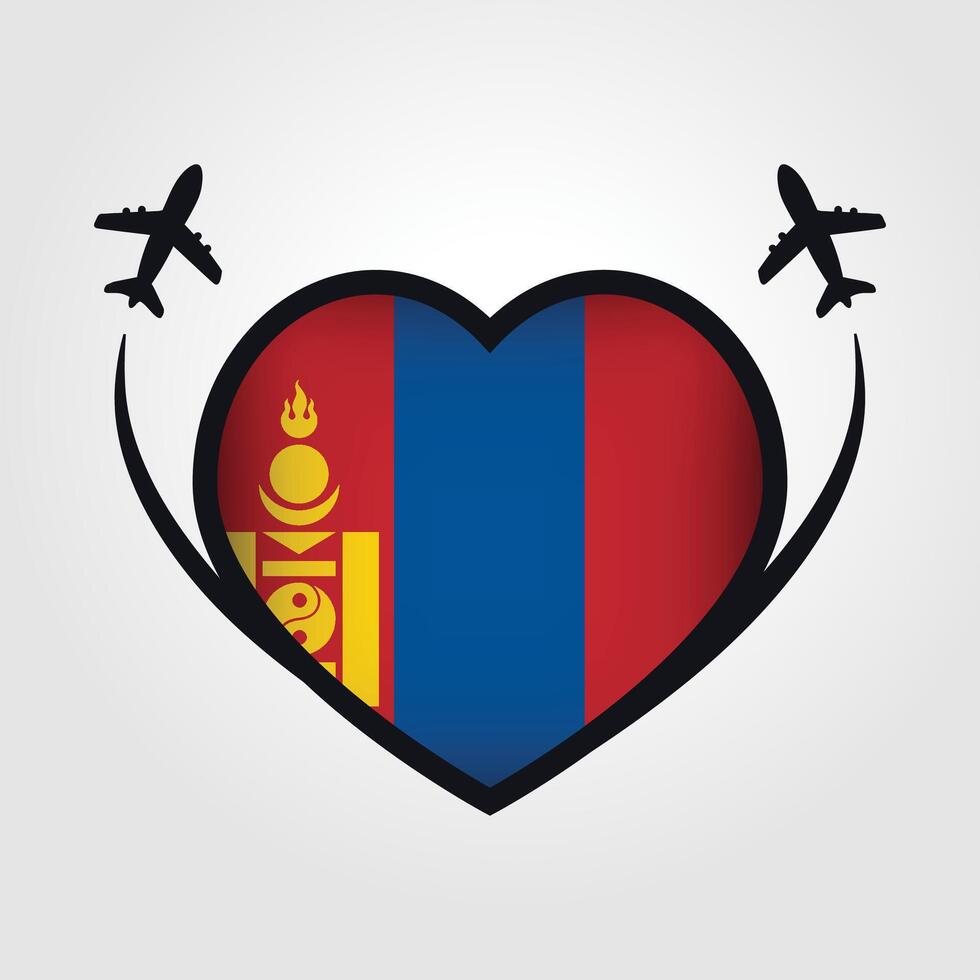 Mongolia Travel Heart Flag With Airplane Icons vector