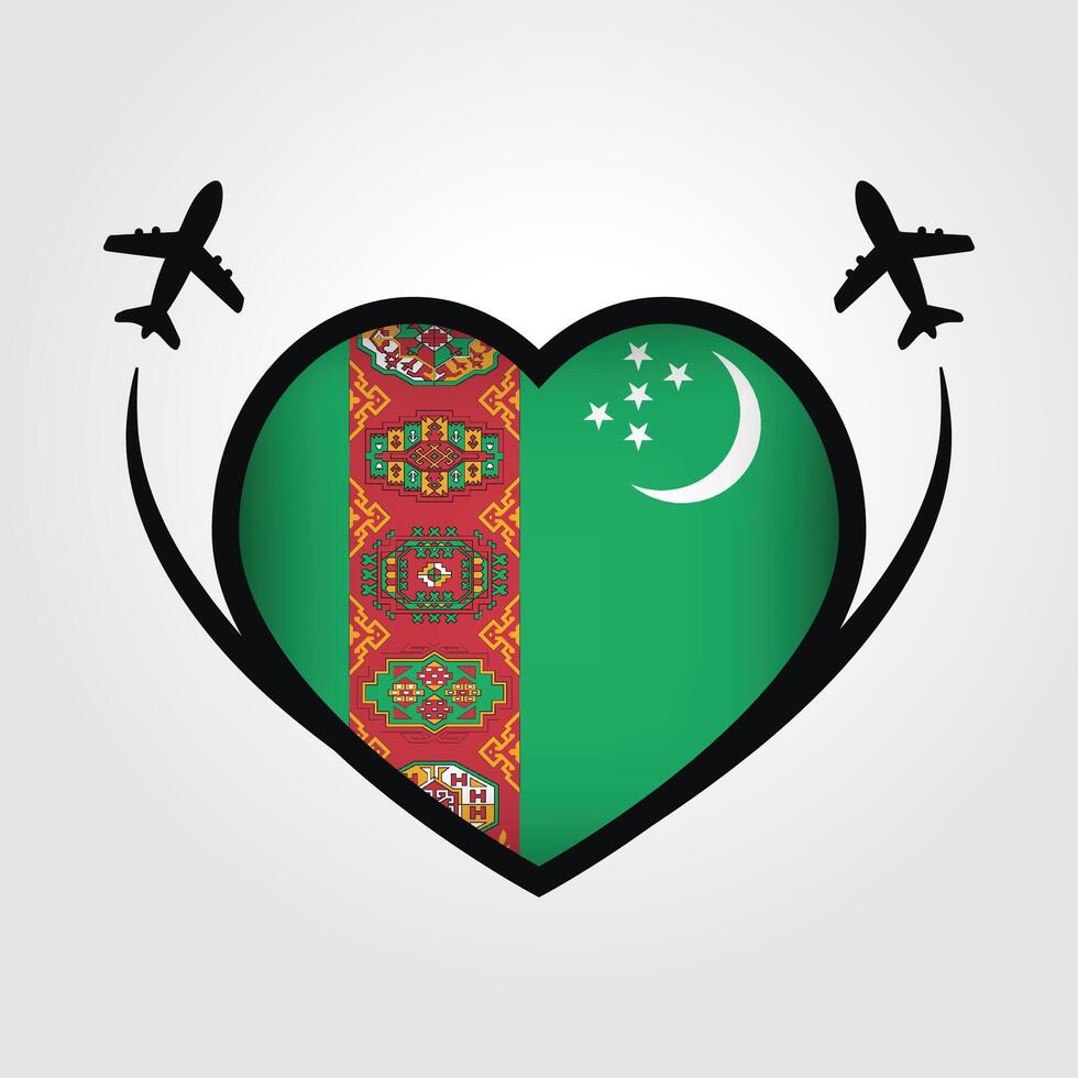 Turkmenistan Travel Heart Flag With Airplane Icons vector