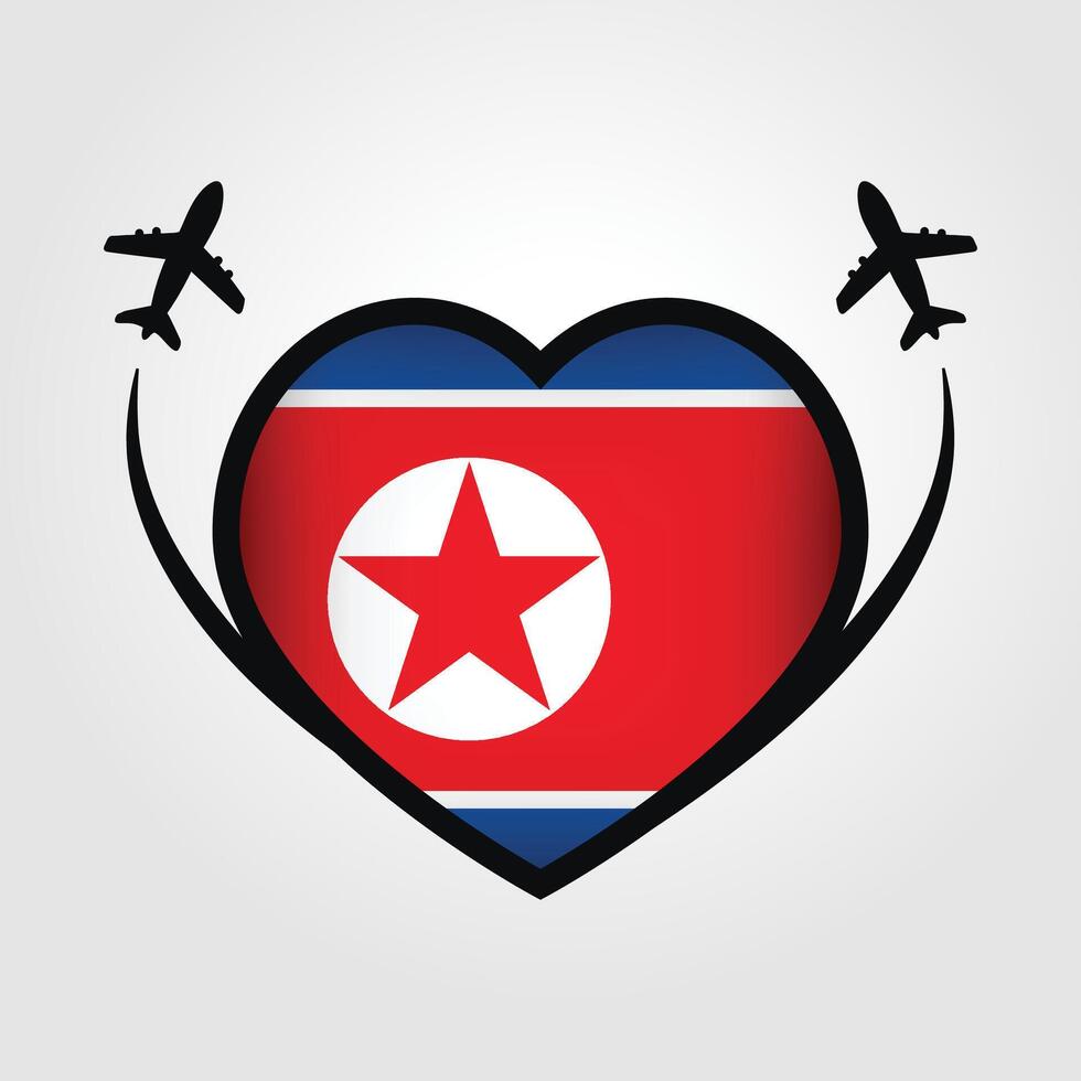 North Korea Travel Heart Flag With Airplane Icons vector