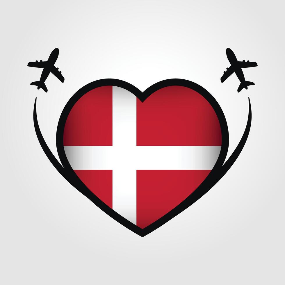 Denmark Travel Heart Flag With Airplane Icons vector